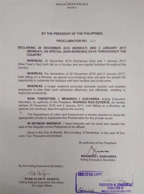 malacanang announcement|Palace declares December 26 a special non.